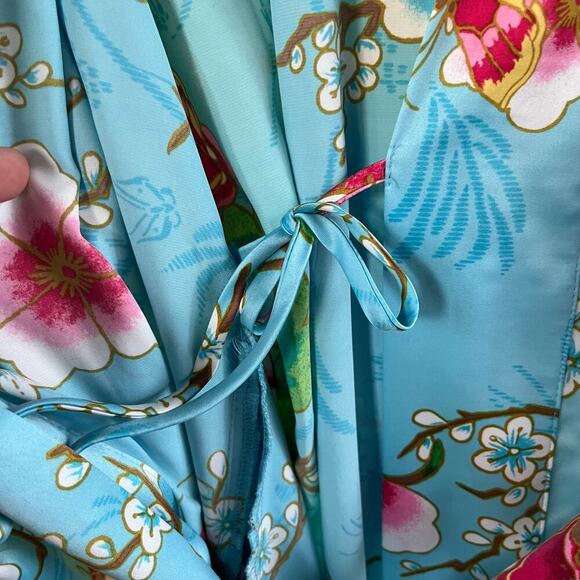 Natori Women's Blue Floral Bird Print Kimono Sleeve Robe Full Length Size M - Picture 7 of 11